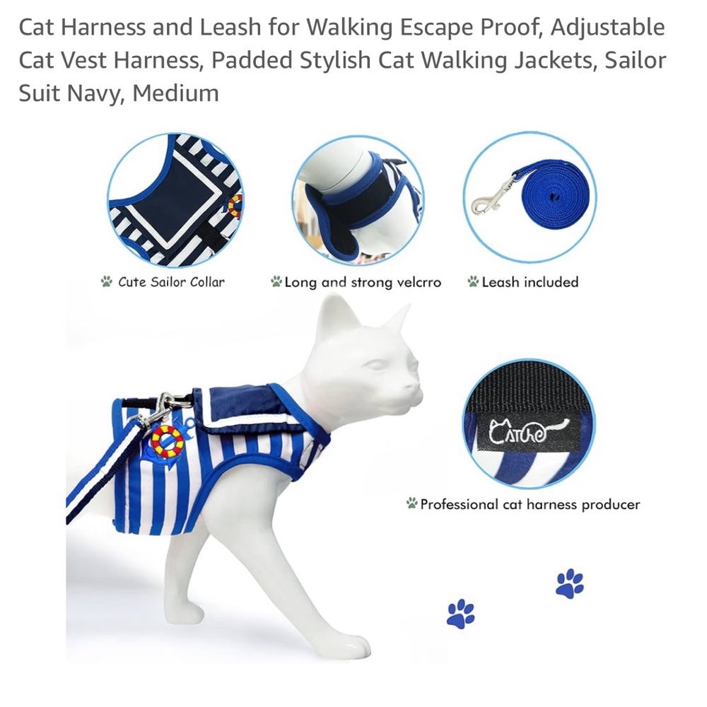 Cat Harness and Leash for Walking, Adjustable,Padded Sailor Suit Navy, Medium